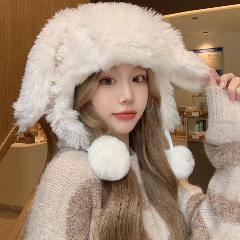 Amazon.co.jp: スキー 帽子冬の厚手の白いモコモコ漫画ウサギの耳雷鋒